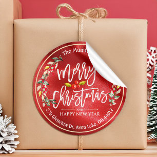 Sticker Rond Joyeux Noël Nouvel An Floral Red Berry Adresse