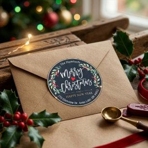 Sticker Rond Joyeux Noël Nouvel An Floral Rouge Baie Adresse