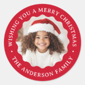 Sticker Rond Joyeux Noël ondulé frontière rouge photo (Devant)