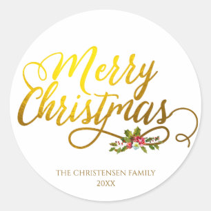 Sticker Rond Joyeux Noël or Merry Christmas en or et houx rouge