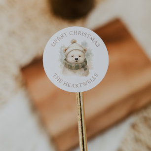 Sticker Rond Joyeux Noël ours polaire aquarelle personnalisé