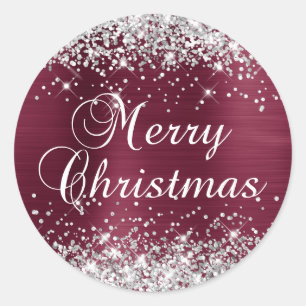 Sticker Rond Joyeux Noël paillettes argentées et feuille de bur