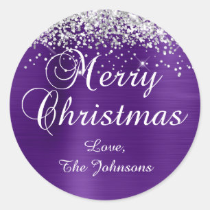 Sticker Rond Joyeux Noël paillettes argentées feuille royale vi