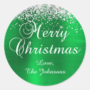 Sticker Rond Joyeux Noël paillettes argentées feuille verte