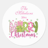 Sticker Rond Joyeux Noël Paillettes Rose Vert (Devant)