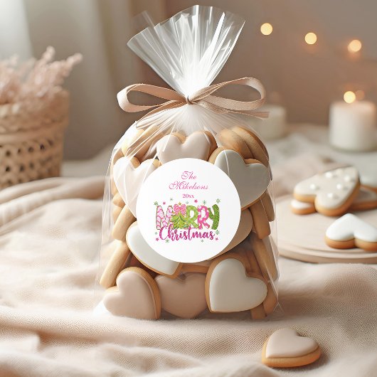 Sticker Rond Joyeux Noël Paillettes Rose Vert