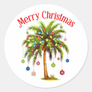 Sticker Rond Joyeux Noël Palm Tree Light Hawaiian Tropical