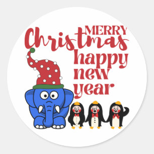 STICKER ROND JOYEUX NOËL PARTI PRÉSENTE, HEUREUSE NOUVELLE AN