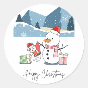 Sticker Rond Joyeux Noël Père Noël Chat et Snowman
