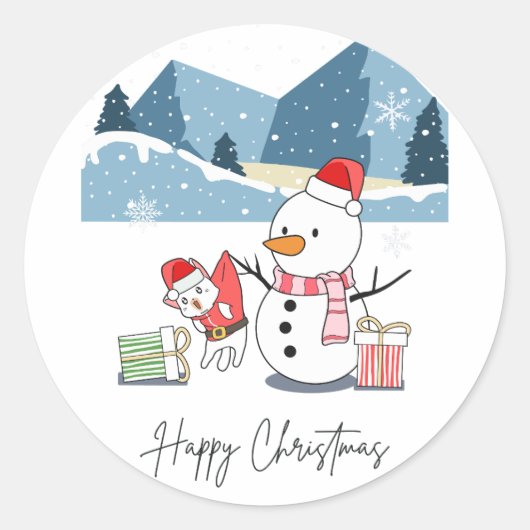 Sticker Rond Joyeux Noël Père Noël Chat et Snowman (Devant)