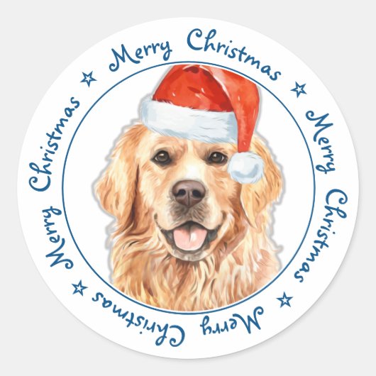 Sticker Rond Joyeux Noël Père Noël Chien Golden Retriever (Devant)