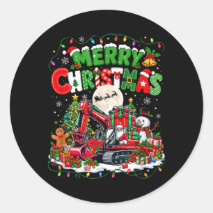Sticker Rond Joyeux Noël Père Noël Conduisant Excavatrice Arbre