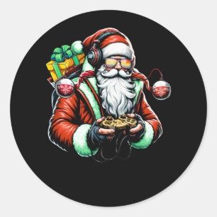 Sticker Rond Joyeux Noël Père Noël Jouer jeu vidéo Gamer Xma