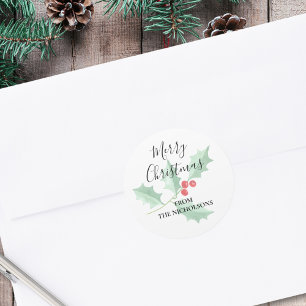 Sticker Rond Joyeux Noël personnalisé à l'aquarelle de houx