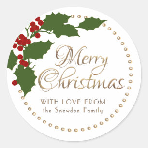 Sticker Rond Joyeux Noël personnalisé avec houx et baies 