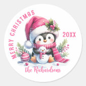 Sticker Rond Joyeux Noël personnalisé blanc et rose mignon ping (Devant)