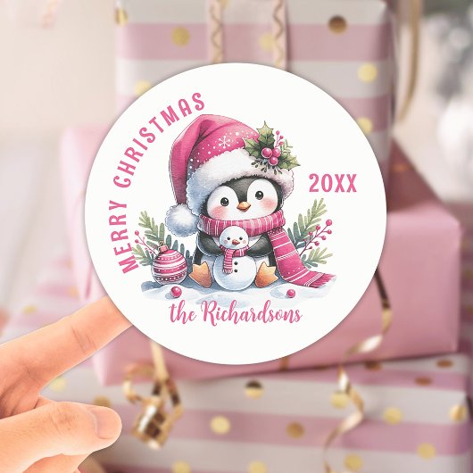 Sticker Rond Joyeux Noël personnalisé blanc et rose mignon ping
