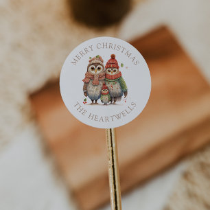 Sticker Rond Joyeux Noël personnalisé Famille de Hiboux à l'aqu