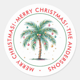 Sticker Rond Joyeux Noël personnalisé Palm Tree Light