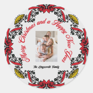 Sticker Rond Joyeux Noël personnalisé photo rouge vert