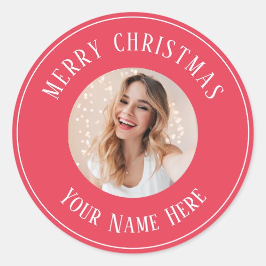 Sticker Rond Joyeux Noël personnalisé pour les cartes photo (Devant)