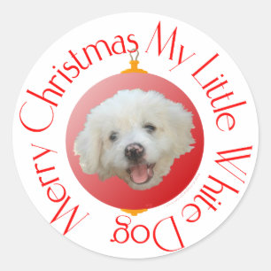 Sticker Rond Joyeux Noël Petit Chien Blanc