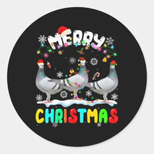 Sticker Rond Joyeux Noël Pigeon Lover Santa Hat Noël Lumières
