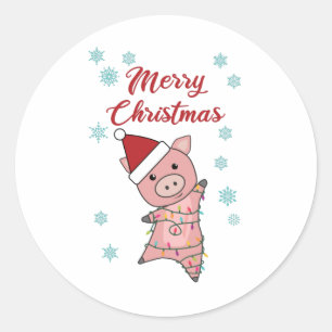 Sticker Rond Joyeux Noël Piglet Cochon Neige hiver