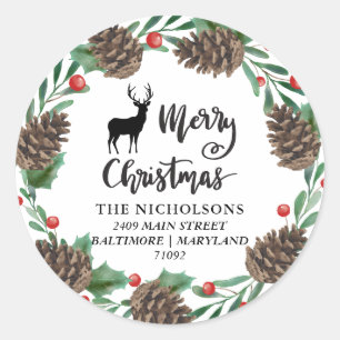 Sticker Rond Joyeux Noël   Pinecones Wreath Adresse de retour