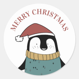 Sticker Rond Joyeux Noël. Pingouin mignon. Animal drôle Père No