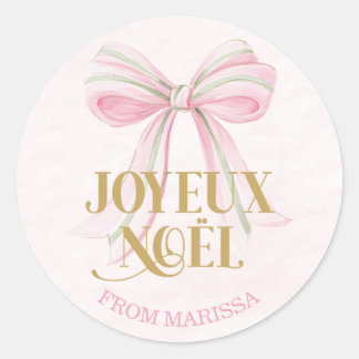 Sticker Rond Joyeux Noël Pink & Green French Coquette Bow