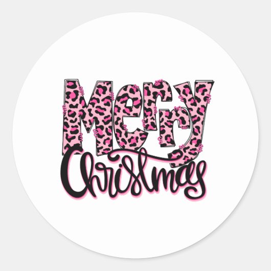 Sticker Rond Joyeux Noël Pink Leopard Typographie (Devant)