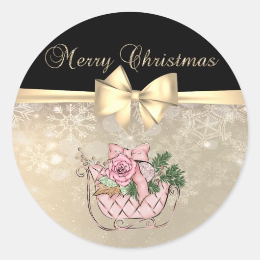 Sticker Rond Joyeux Noël, Pink Sleigh, Snowflakes, Bow (Devant)