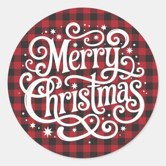 Sticker Rond Joyeux Noël Plaid Rouge & Noir Script (Devant)