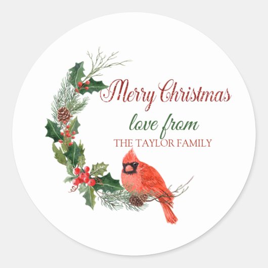Sticker Rond Joyeux Noël, Red Cardinal Bird Holly Berry (Devant)