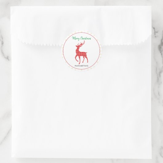 Sticker Rond Joyeux Noël Red Plaid Reindeer Gold Star (Sac)