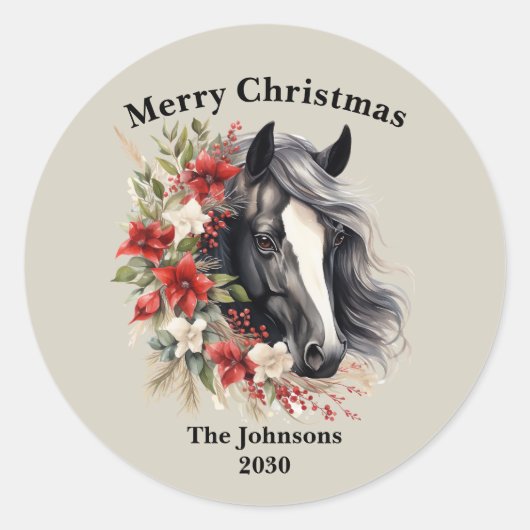 Sticker Rond Joyeux Noël Regal Black Horse Wreath (Devant)