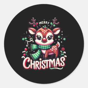 Sticker Rond Joyeux Noël Reindeer Arbre Lumières Noël Famille M