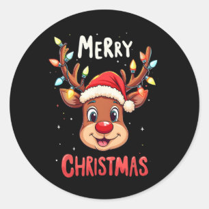 Sticker Rond Joyeux Noël Reindeer Rouge Père Noël Noël Hommes d