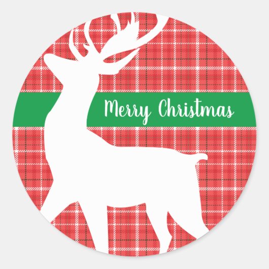 Sticker Rond Joyeux Noël Reindeer Rouge Plaid Twill (Devant)