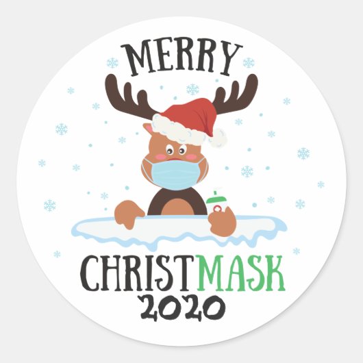 Sticker Rond Joyeux Noël rennes masque visage désinfectant (Devant)
