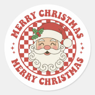 Sticker Rond Joyeux Noël Rétro Père Noël Damier