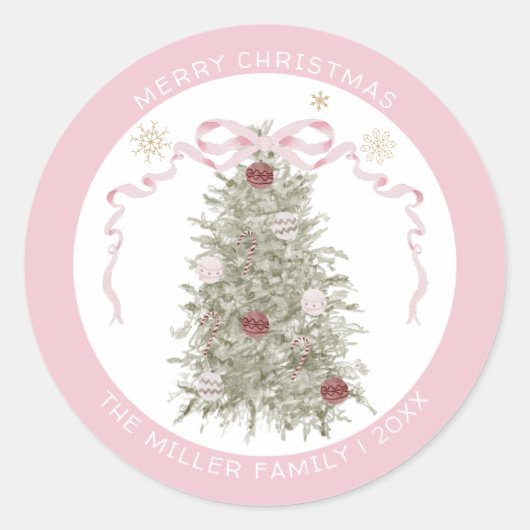 Sticker Rond Joyeux Noël Rose Bow (Devant)