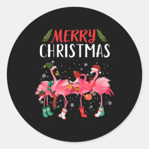 Sticker Rond Joyeux Noël rose Flamant rose Noël Arbre de Noël N