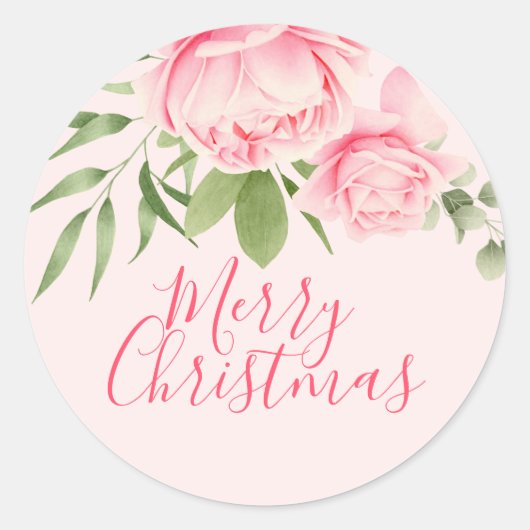 Sticker Rond Joyeux Noël rose floral non traditionnel (Devant)