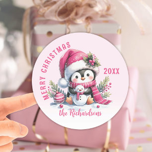 Sticker Rond Joyeux Noël rose personnalisé Pingouin mignon