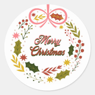 Sticker Rond Joyeux Noël rose rouge saison festive