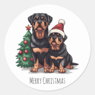 Sticker Rond Joyeux Noël Rottweiler Chien Arbre de Noël