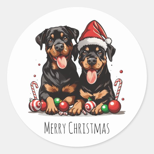 Sticker Rond Joyeux Noël Rottweiler Chien Père Noël (Devant)