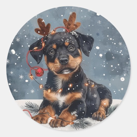 Sticker Rond Joyeux Noël Rottweiler Chien Reindeer (Devant)